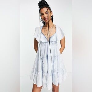 Free People Undone Flutter Sleeve Mini Dress In Blue Raw Hemline Festival Size S